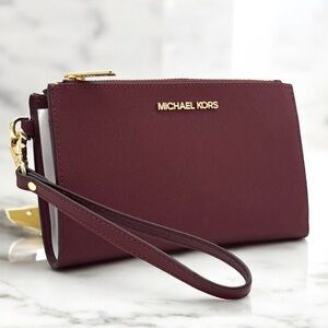 Michael Kors Large Jet Set Travel Double Zip Wallet Dark Cherry